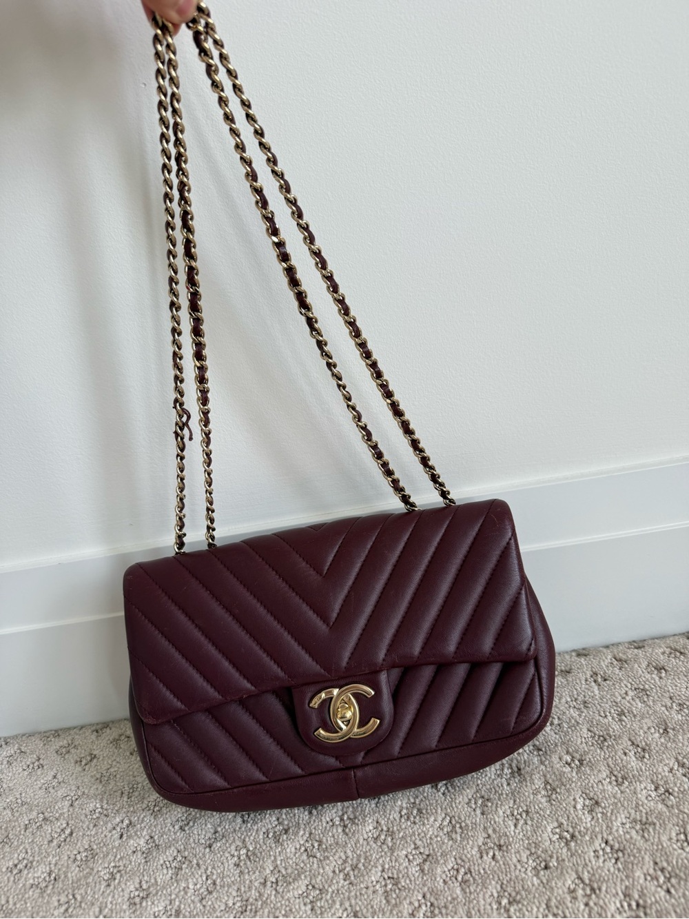 CHANEL Chevron Shoulder Bag in Burgundy with Gold Hardware